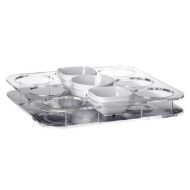 Questo set è composto da un pratico vassoio con tre ciotole in melamina per l’aperitivo e fori per trasportare sei bicchieri.(4 pz)